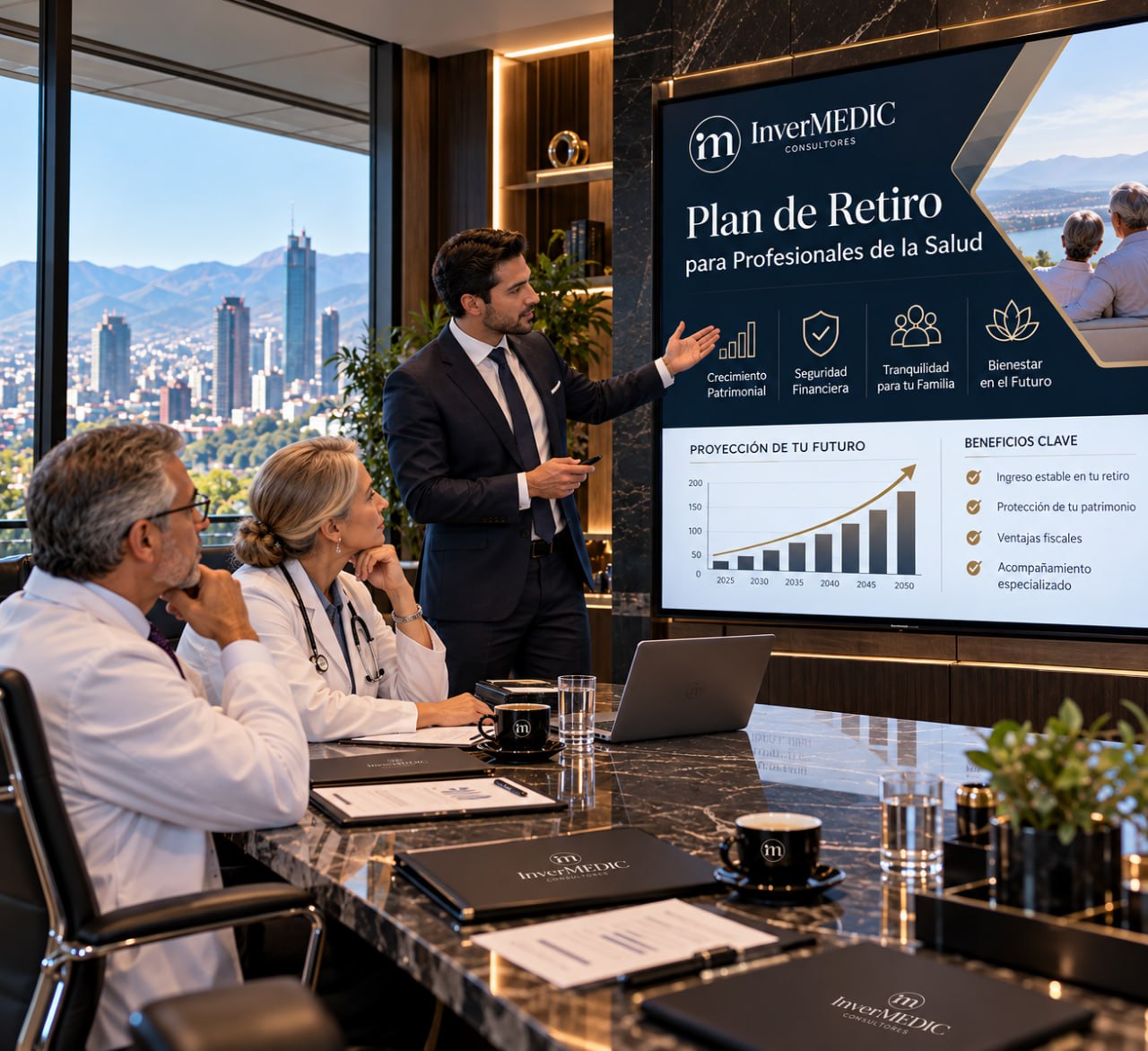 Equipo de consultores financieros de Invermedic en sesión estratégica